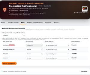 PrestaWard Authenticator 0.0.16: política de MFA y periodo de gracia por perfil de empleado