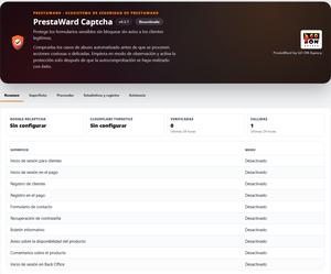 PrestaWard Captcha 0.2.7: estado de los proveedores y modo de cada formulario protegido