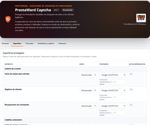 PrestaWard Captcha 0.2.7: superficies protegidas con modo, proveedor y autocomprobación