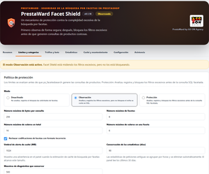PrestaWard Facet Shield 0.1.16: política de protección con modo Observación y límites por consulta