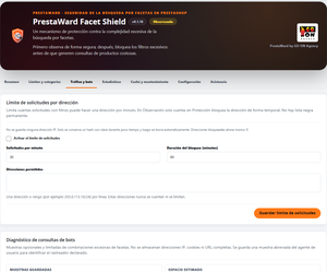 PrestaWard Facet Shield 0.1.16: límite de solicitudes por dirección y diagnóstico de bots