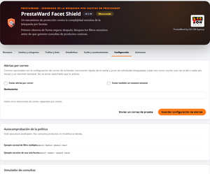 PrestaWard Facet Shield 0.1.16: alertas por correo, autocomprobación y simulador de consultas