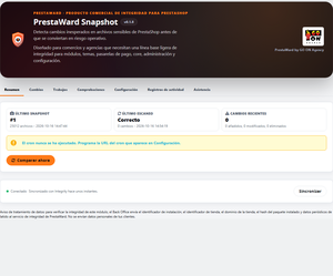 PrestaWard Snapshot 0.1.8: resumen del último snapshot, el último escaneo y los cambios recientes