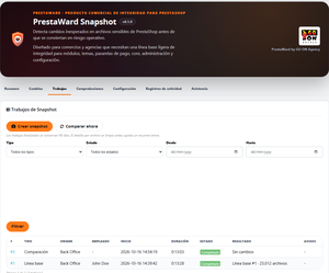 PrestaWard Snapshot 0.1.8: historial de trabajos de línea base y comparación