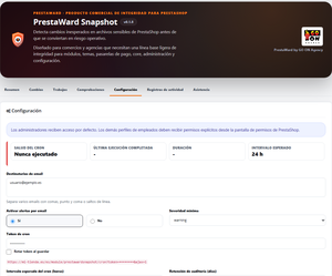 PrestaWard Snapshot 0.1.8: configuración de alertas por email, salud del cron y retención